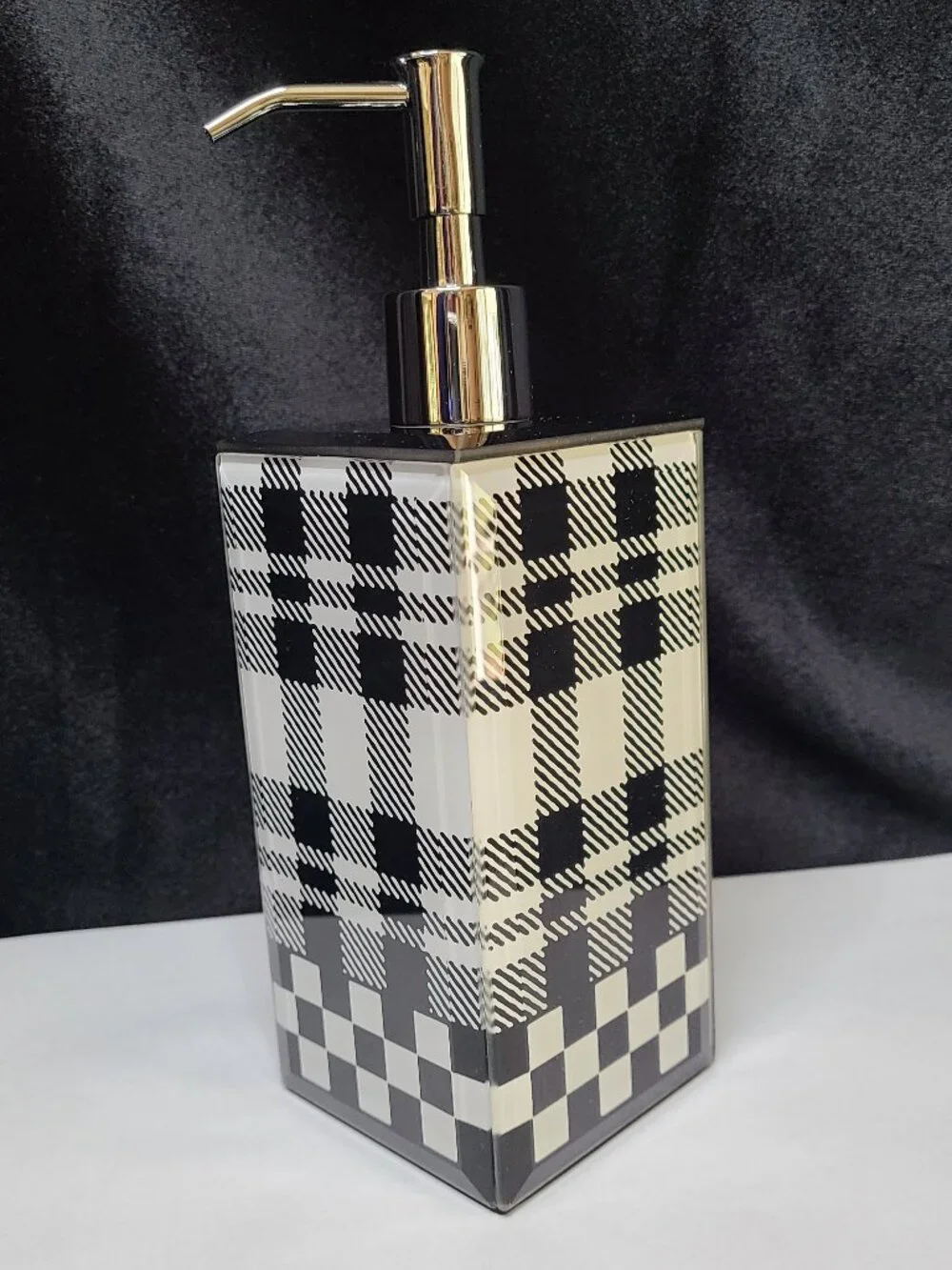MacKenzie Childs Tartan Check Soap Pump Beveled Glass Black White New No Box